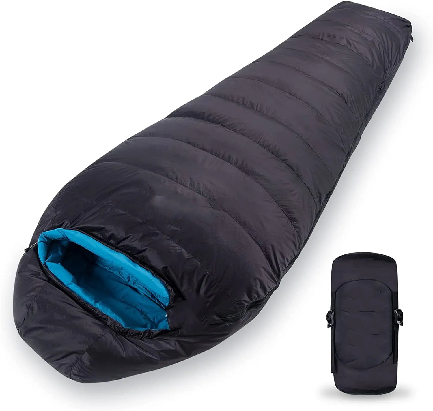 WOQI Large Mummy Style Winter Sleeping Bag for Adults Cold Weather Down Filled with Hood Red Grey Blue for Camping and Hiking