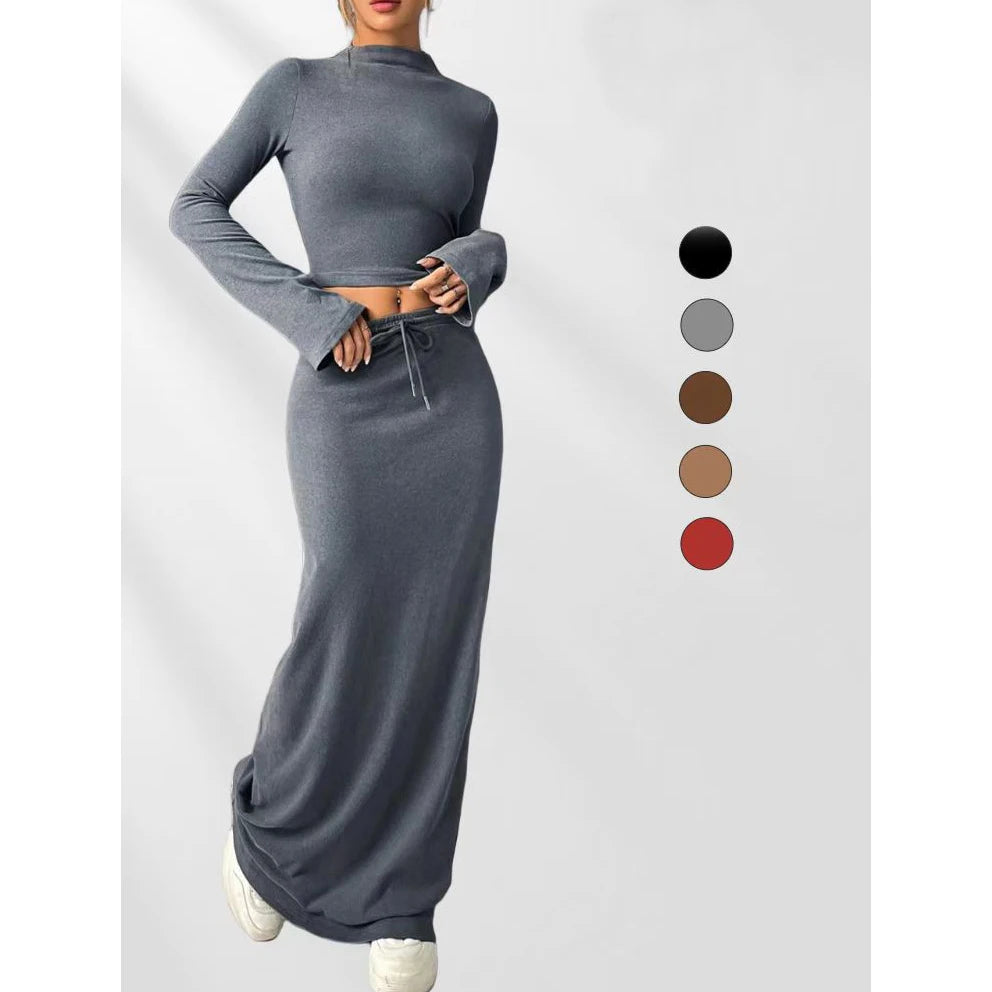 2025 New Two Piece Set Women Clothing Crop Top 2 Piece Long Sleeve and Maxi Bodycon Skirt Set