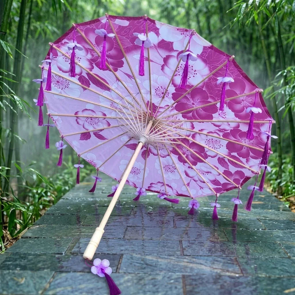 Antique Chinese Hanfu Tassel Umbrella Performance Silk Petal Propel Dance Umbrella Craft Manual Control Classic for Party Use