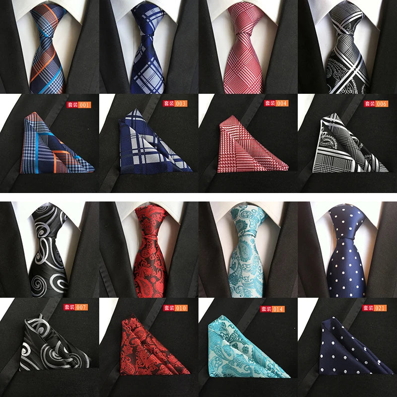 Plaid Elegant Tie Men's Silk Tie With Matching Pocket Square Tie Dots Necktie Hanky Set for Wedding Business