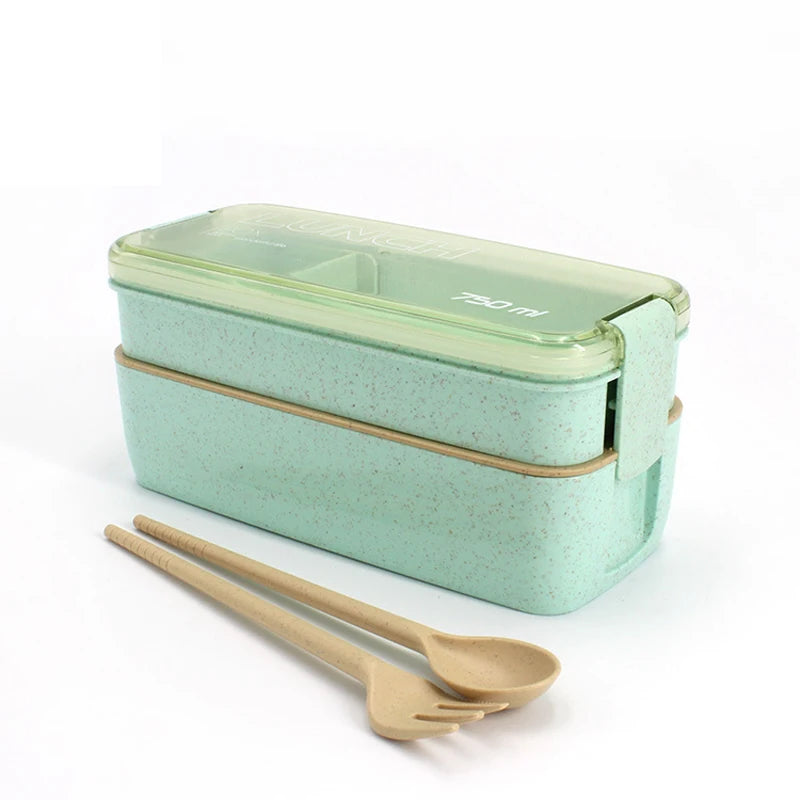 Wheat Straw and 2-Layer Plastic Multi Compartment Degradable Lunch Box for Kids Students Divided Layers