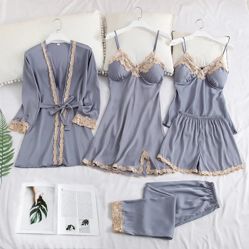 Satin QUICK DRY Sleepwear Sets Polyester / Spandex Breathable 5 Pieces Set Women Ladies Pyjamas Women Sleepwear