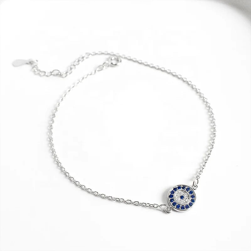 Fashion S925 Sterling Silver Blue Devil's Eye Anklet Cross Link Chain Shining Round Eye Link Chain Anklets for Woman