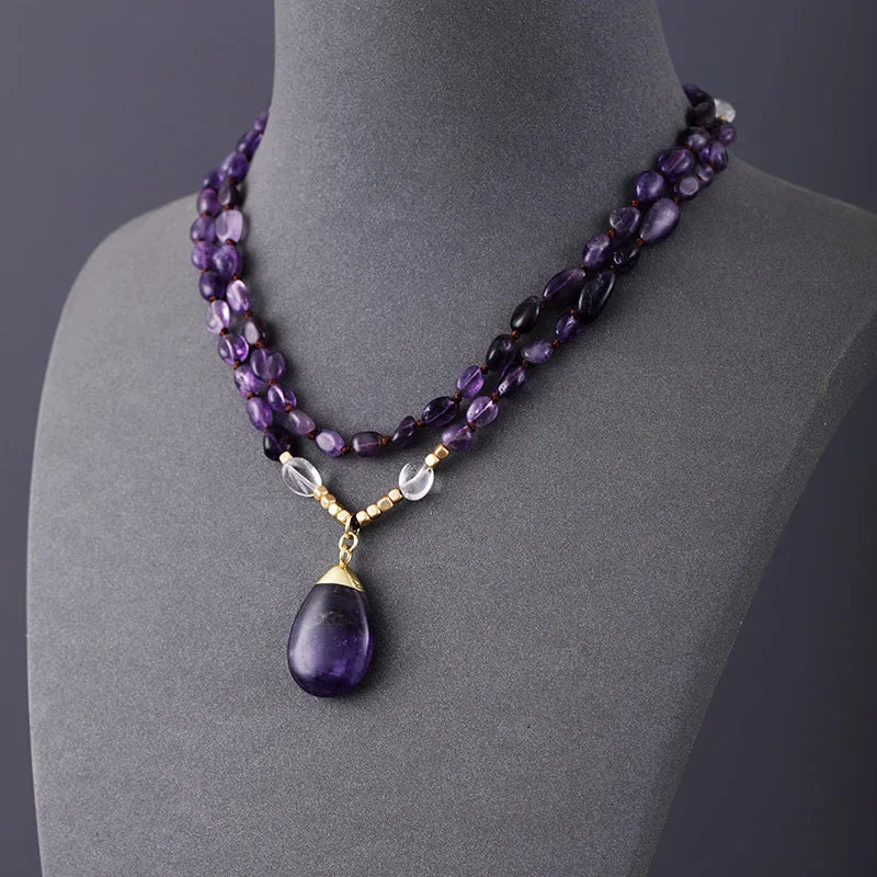 Natural Stone Irregular Amethyst Handmade Beaded Pendant Necklace Luxury Stone Jewelry