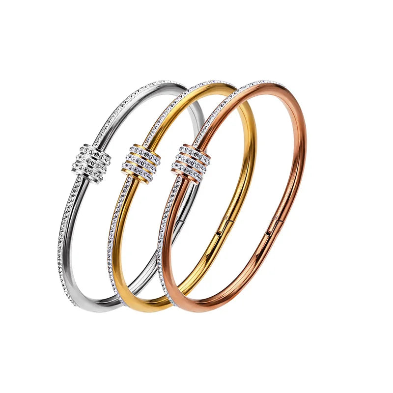 High Polished Gold Plating Stainless Steel Bangle Bracelet Cubic Zirconia Shiny Bracelet