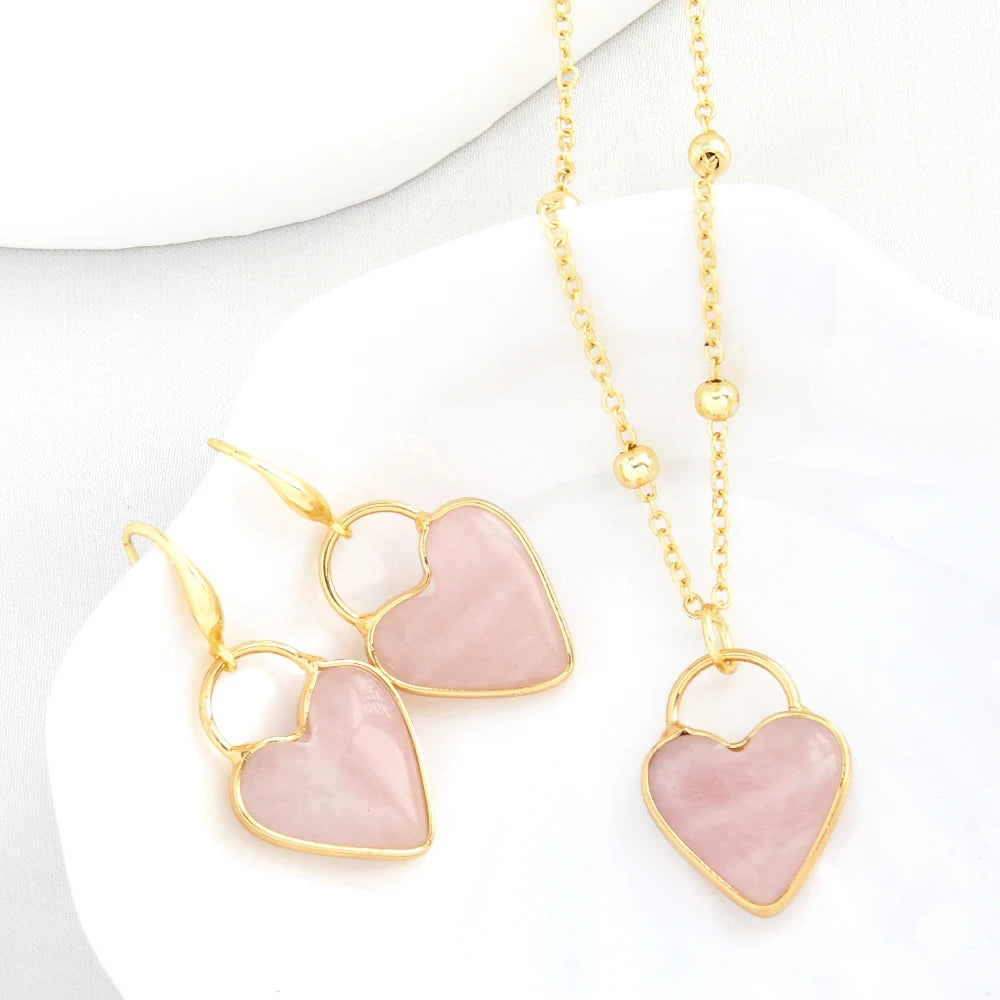 New Fashion Valentine Gift Women's Jewelry Set Ball Chain Necklace pink Quartz Natural Stone Heart Necklace Earrings Jewelry Set