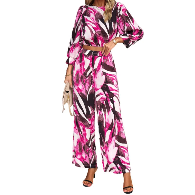 Fashion and Leisure Printed Long Sleeve Shirt Fall Woman Product Wide Leg Pant Set