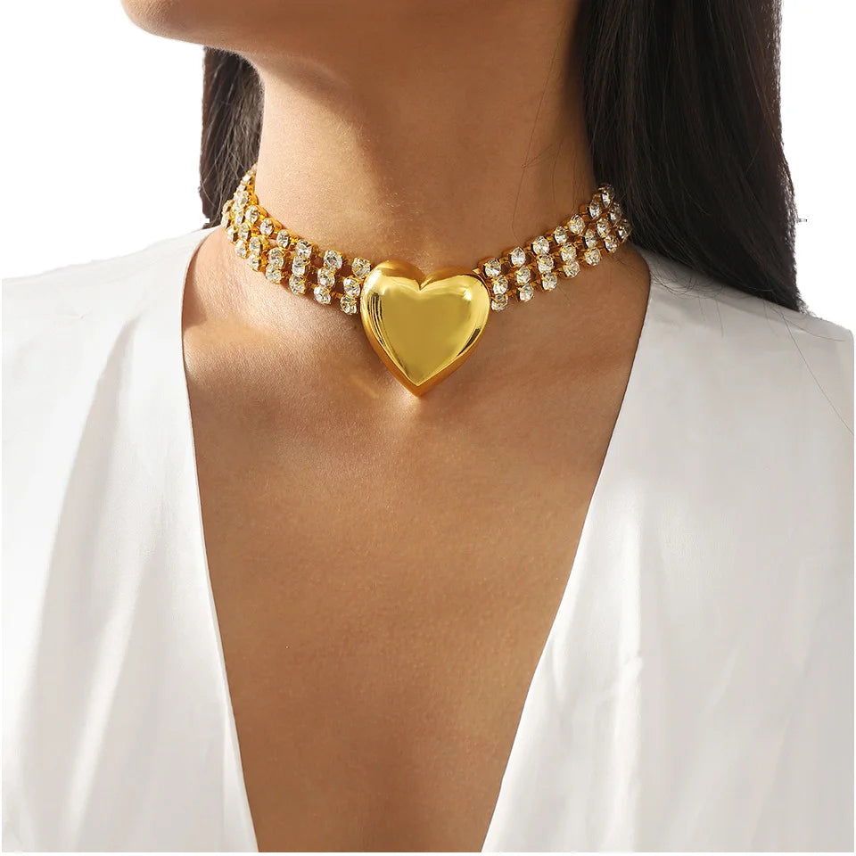 Large Heart Shape Necklace Statement Gold Plated Multi-Layer Tennis Chain Rhinestone Crystal Love Heart Choker Gift