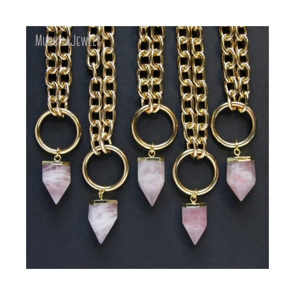 NM43759 Chunky Gold or Silver Dipped Rose Quartz Icicle Necklace Statement Large Chain With Pink Crystal Point Necklace