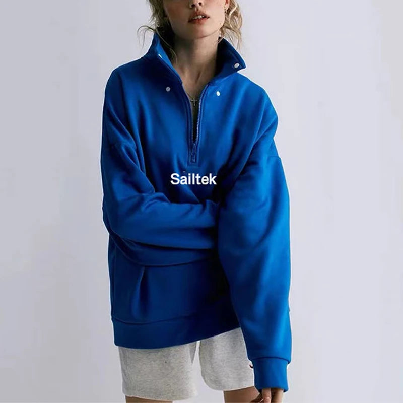 Custom Blue Hoodies Sweatshirts Wholesale Causal Polyester Cotton Half Zip Pullover for Women