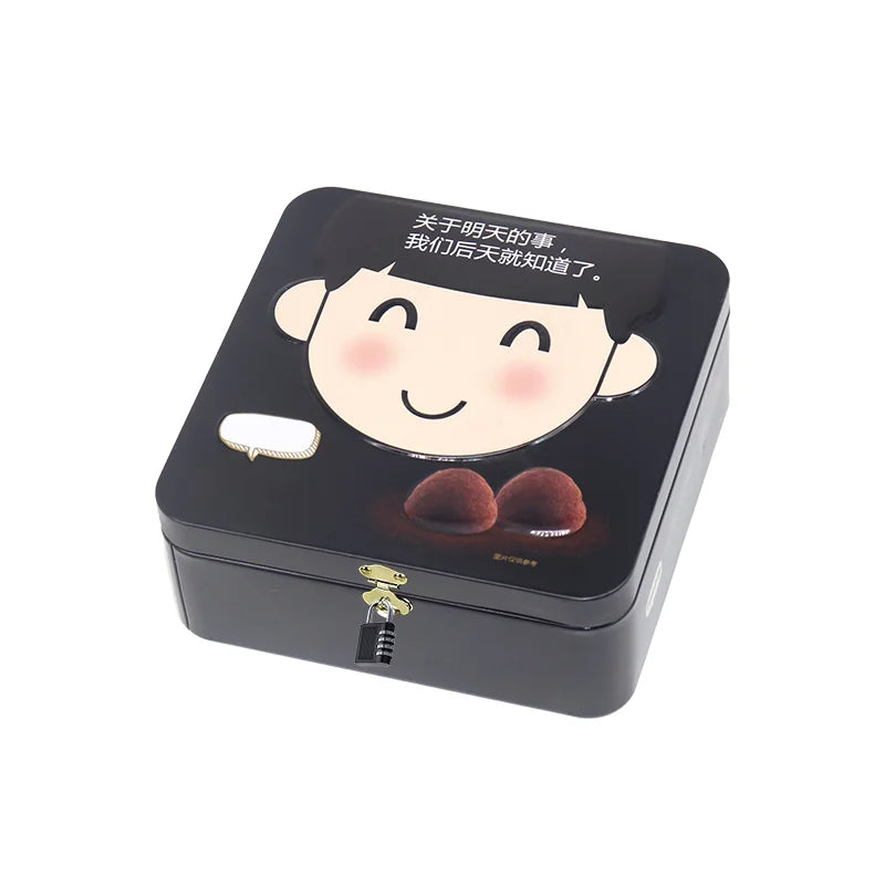 Custom Tin Can Printed Mystery Box Storage Gift Packaging Coded Lock Flip Lid Iron Rectangular Storage Hinged Tin Box