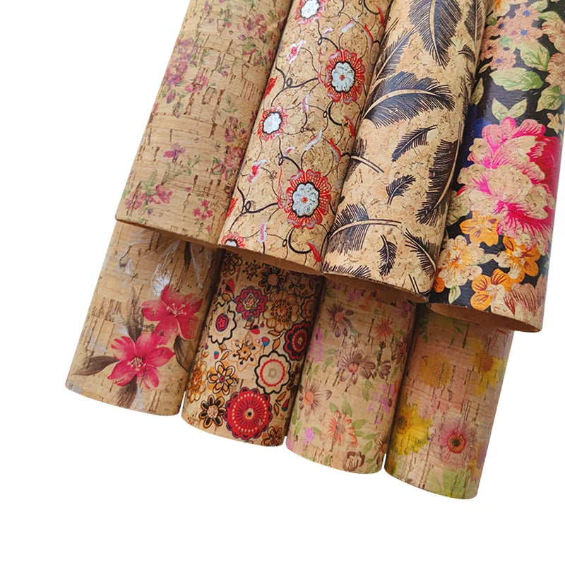 Vintage Flower Printing Cork Fabric Roll 0.5mm*1.37m Colorful Soft Thin Knitted Back for Furniture Bags Sofas for Decoration