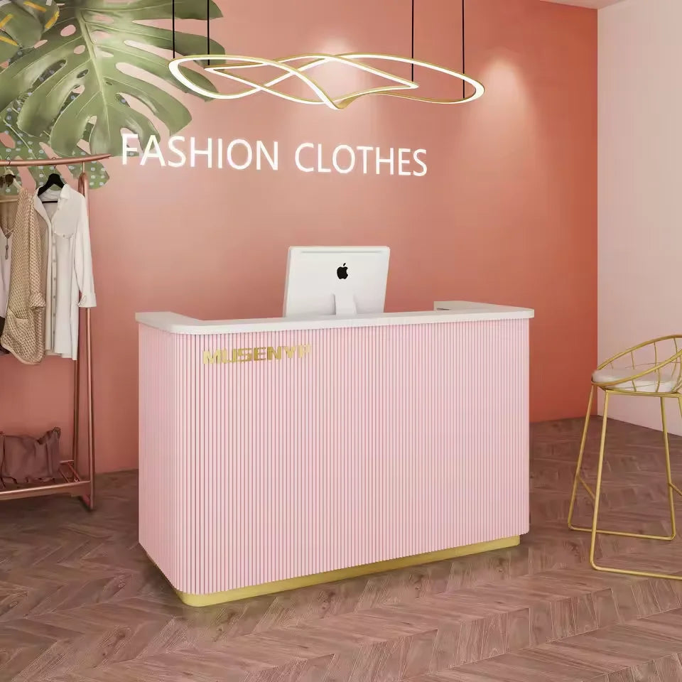 Hot Sale Customizable logo Color Office Building Front Desk Artificial Stone Wood pink Reception Desk