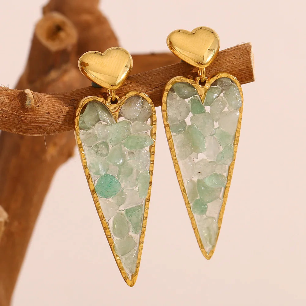 Ins 18K Gold  Plated Stainless Steel Natural Stone Heart  Drop Earring for Women Jewelry Gift  Waterproof