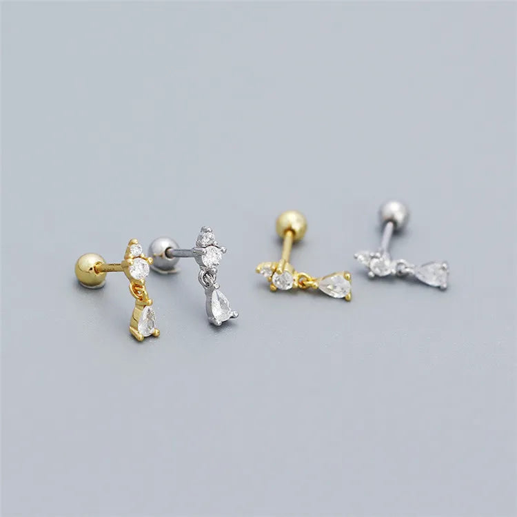 SP INS Fashion Screw Backing S925 Sterling Silver 18K Gold Plated Zircon Waterdrop Stud Earrings