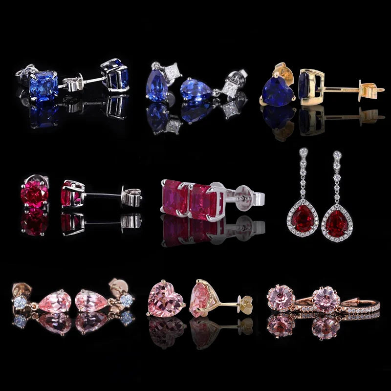 starsgem jewelry lab ruby sapphire earring white rose yellow 9k 10k 14k 18k gold studs hinged hoop french fine jewelry earrings