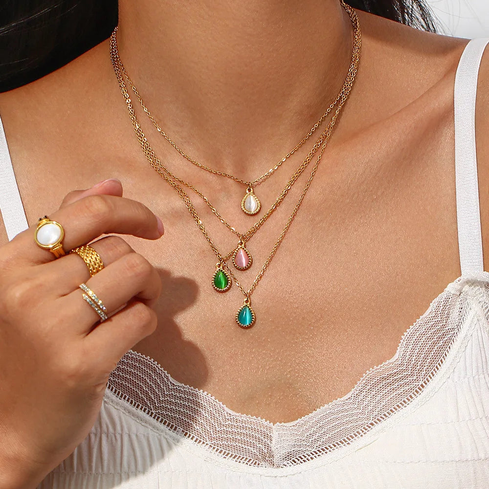 Fine Jewelry Non Tarnish Stainless Steel 18k Gold Plated Water Drop Shape Opal Drop Pendant Necklace Earring Set for Women