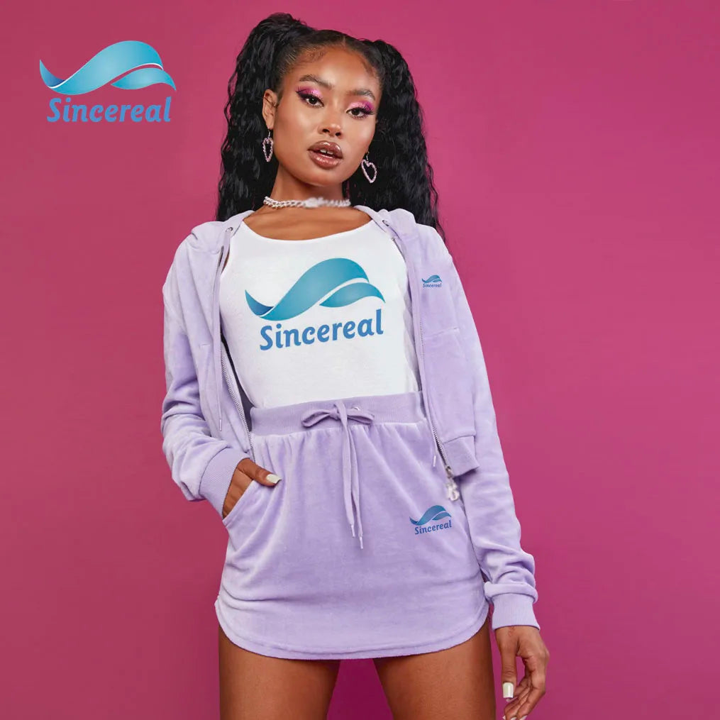 Custom Y2K Velvet Tracksuit 2 Piece Set Women Rhinestone Embroidery Zip up Hoodie Joggers Casual Sportswear Outfit Skirts Set