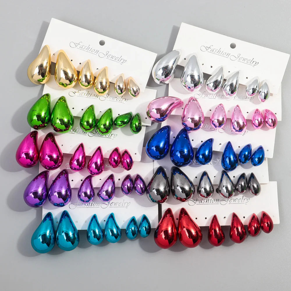 2024 Wholesale New Arrival Metal Colorful Gold Plated 3 Pairs/set Waterdrop Shape Punk Men's  Acrylic Stud Earrings Set Women