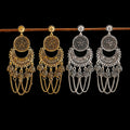 Retro Indian Jhumka Jhumki Gypsy Ethnic Gold Alloy Carved Round&Crescent Bell Tassel Drop Earrings for Women Boho Jewelry