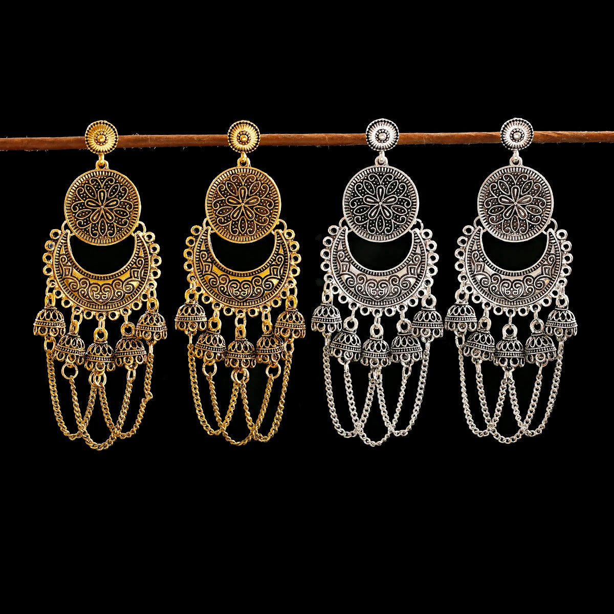 Retro Indian Jhumka Jhumki Gypsy Ethnic Gold Alloy Carved Round&Crescent Bell Tassel Drop Earrings for Women Boho Jewelry