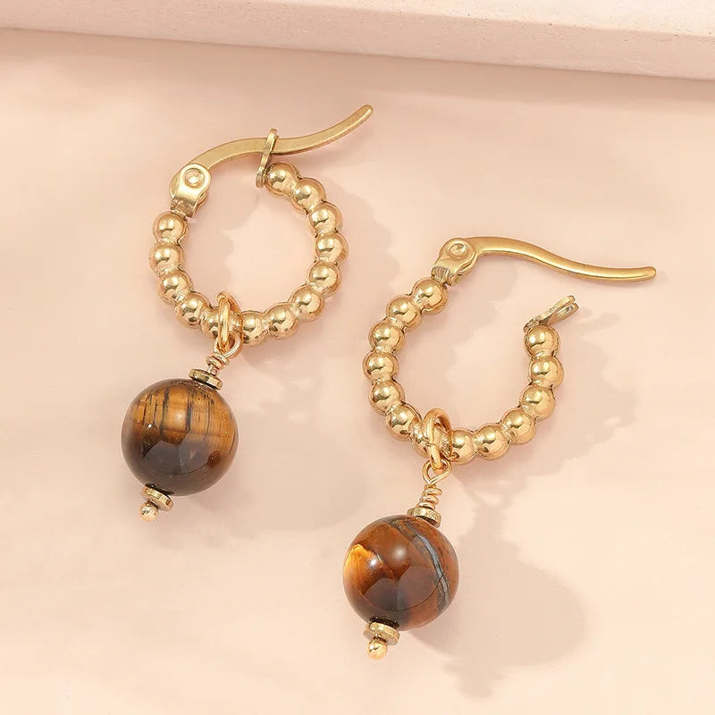 Handmade Fashion Stainless Steel tiger Eye and Pearl Bead Huggie Dangle Earring Women Earrings Jewelry