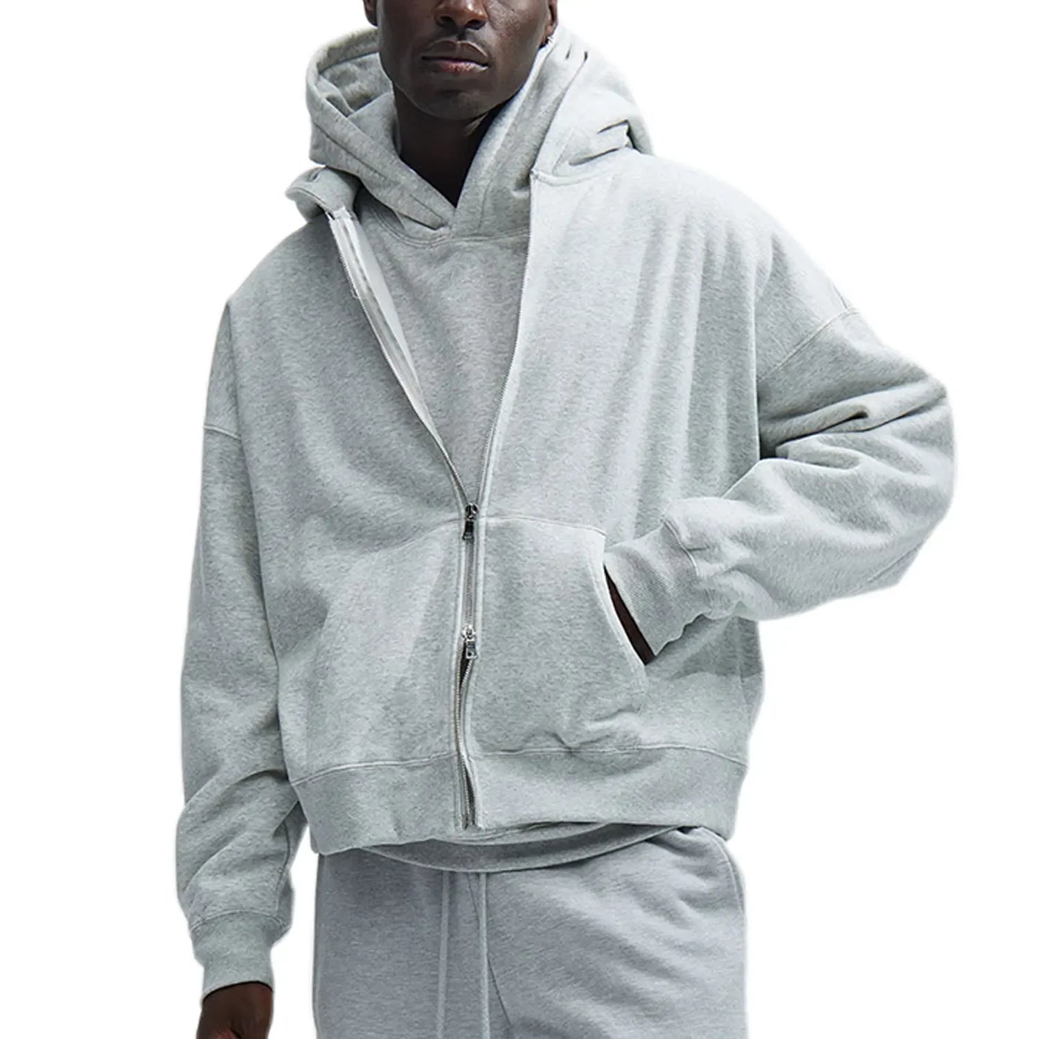 Custom Men's Pullover Hooded Sweatshirt Thick Full Zip-up Cropped Drop Shoulder Hoodies Solid Pattern for Autumn Season ODM