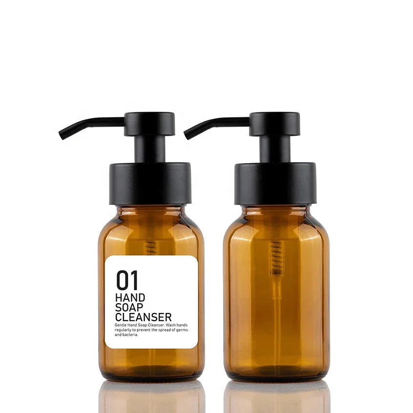 150ml 200ml 250ml Amber Glass Foam Soap Pump Bottle With Matt Black Metal Pump Custom Logo Household Cleaning Dispenser Bottle
