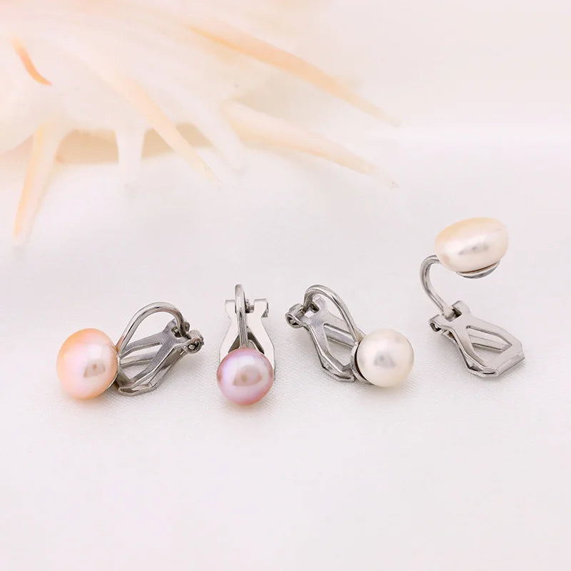 Creative Women's Fashion Clip-on Earrings New Release 6mm8mm White Pink Real Pearl No Pierced Triangle Ear Clips for Engagement