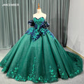 Green Sparkly Quinceanera Dresses Sweet 16 Dresses Ruffle Layered Ball Gown 3D Flowers Beading Tulle Birthday Gowns 6659