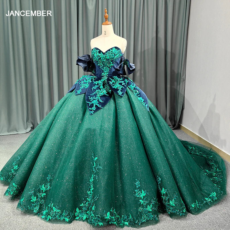 Green Sparkly Quinceanera Dresses Sweet 16 Dresses Ruffle Layered Ball Gown 3D Flowers Beading Tulle Birthday Gowns 6659