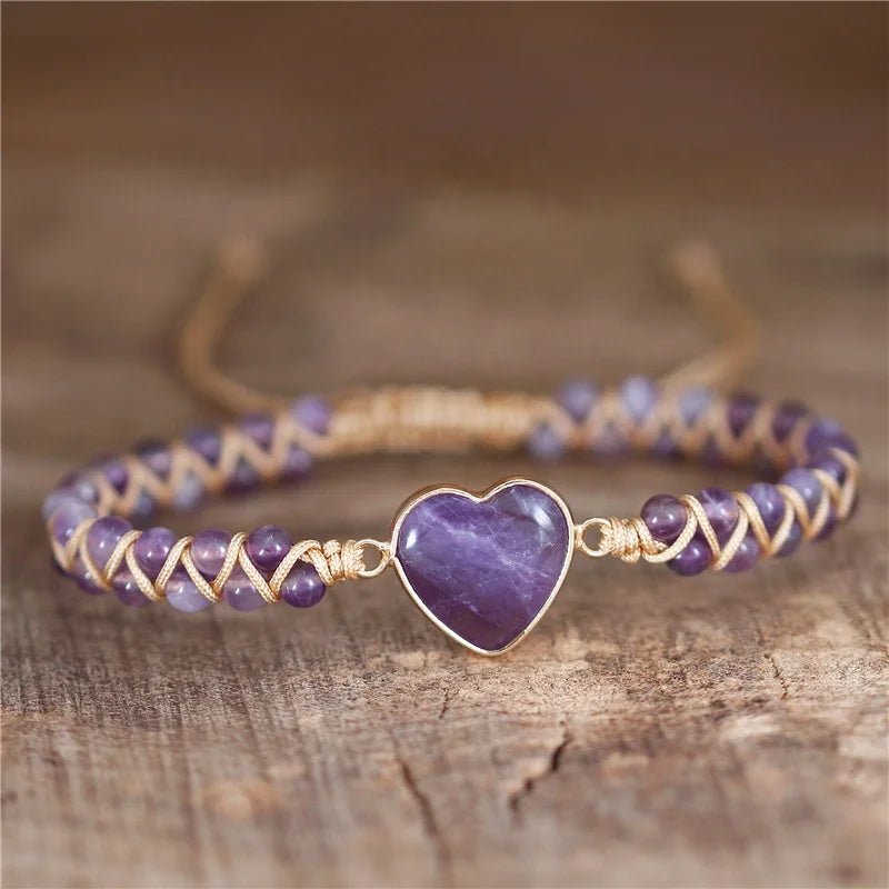 Amethysts Heart Charm Boho Beads Bracelets Couples String Braided Bracelets Yoga Friendship Lover Healing Jewelry Wholesale