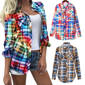 Womens Colorful Plaid Print Shirts Rainbow Button Down Checkered Blouse Long Sleeve Tops Fall Clothes Casual Shirt