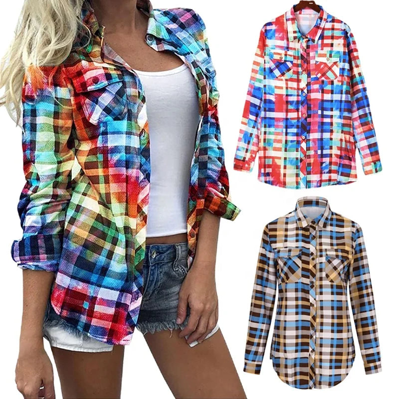 Womens Colorful Plaid Print Shirts Rainbow Button Down Checkered Blouse Long Sleeve Tops Fall Clothes Casual Shirt
