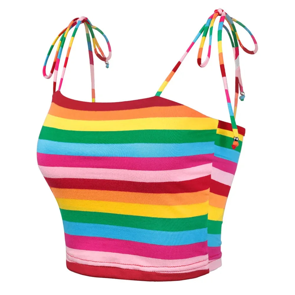 Square Neckline Rainbow Striped Print Sleeveless Cropped Style Stretchy Soft Fabric Slim Fit tank