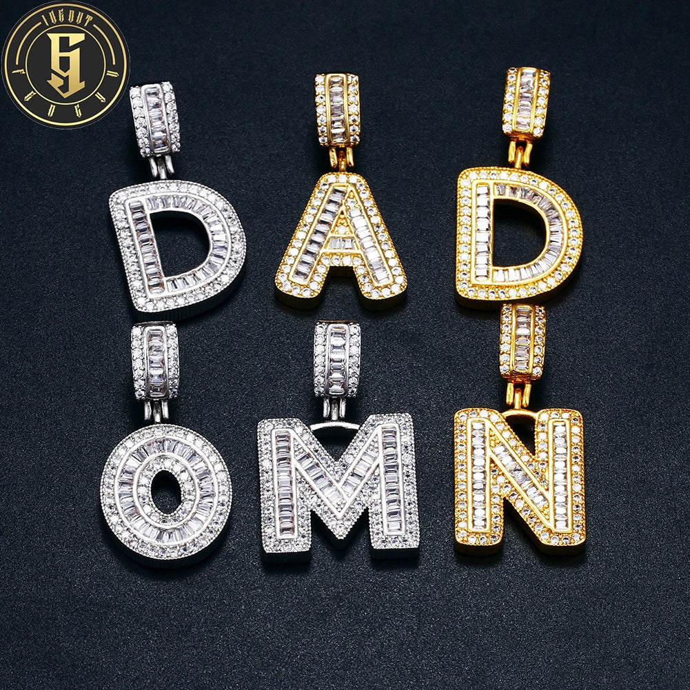 Stylish 18K Gold Plated Brass Baguette Zircon Diamond Men Hip Hop Iced Out Alphabet Letter Pendant for Gift
