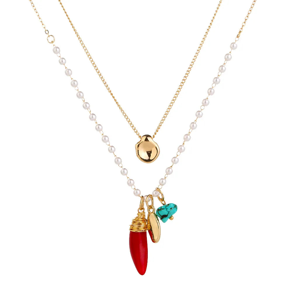 Pearl Chain Necklace Choker Jewelry Natural Coral Stone Turquoise Pendant Long Chain Sweater Necklace