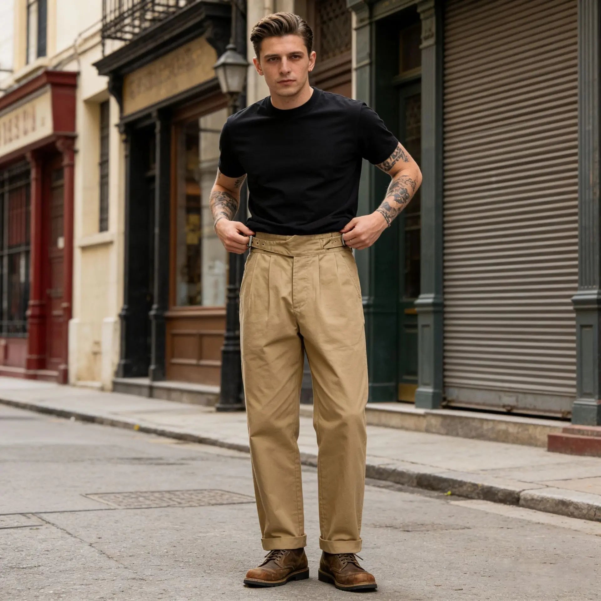 Men's Loose Casual Cotton Pants Cargo Trousers With Adjustable Gurkha Waist and Khaki Color Straight Pattern Fabric