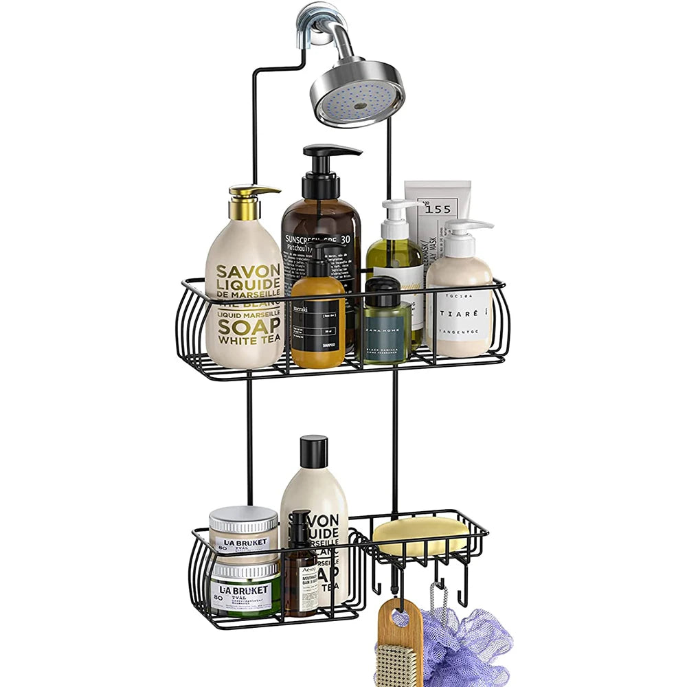 Anti-Swing Hanging Shower Caddy Rustproof Over Head Shower Caddy Shelf with Hooks for Towels