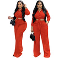 Good Design Women Fall Spring Plus Size Two Piece Set Solid Color2 Piece Shirt and Flared Pants Suit