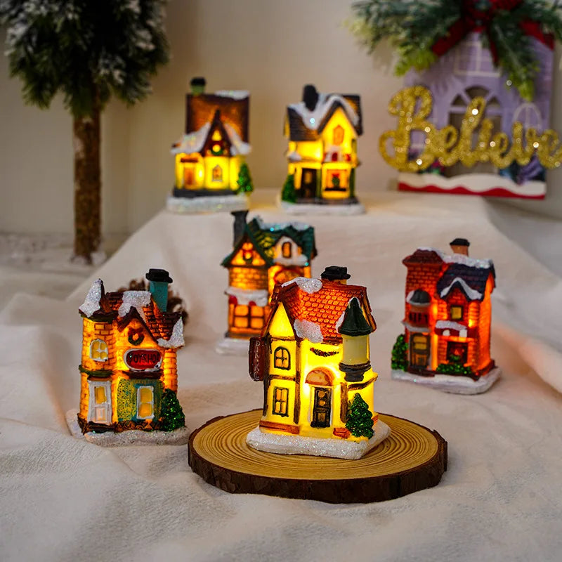 Miniature DIY Christmas Decorations Light-Up Resin Snow House Figurines Battery Operated 5x8cm Indoor Accessories for Village