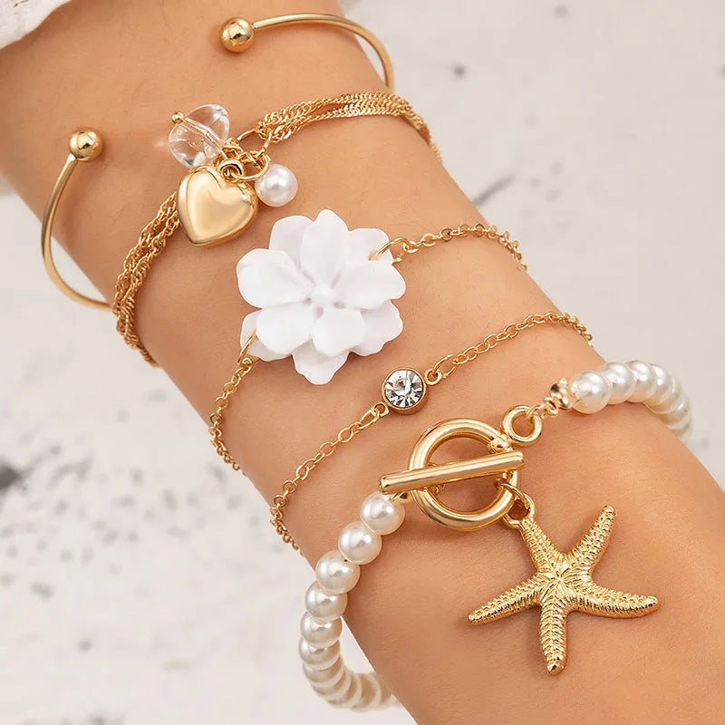 SC Gold Plated Beads Flower Bracelet Set Round White Imitate Pearls Love Heart Charm Bracelet Bohemia Circle Chain Bracelet