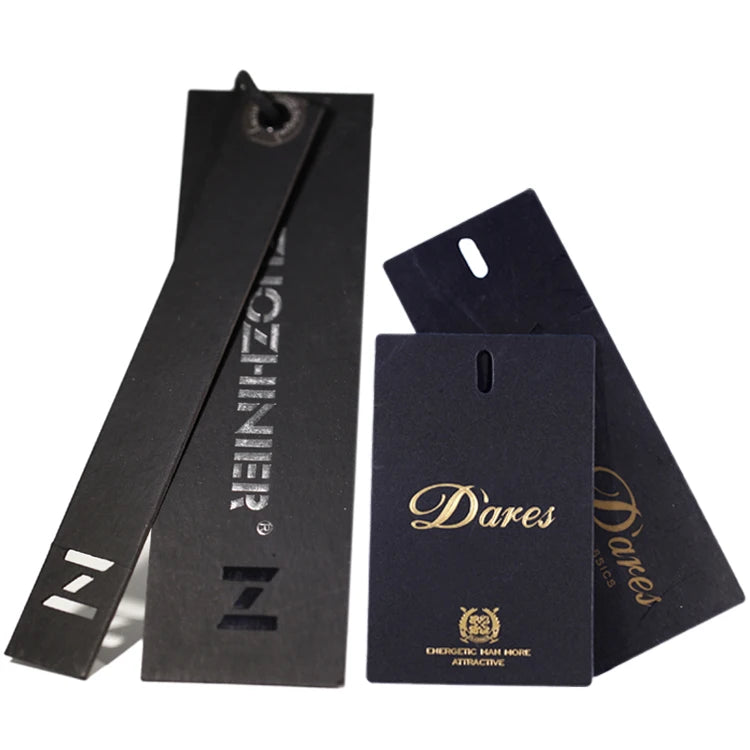Black Paper Cardboard Hang Tags and Labels Custom Silk Screen Printing Brand Name Logo Hangtags
