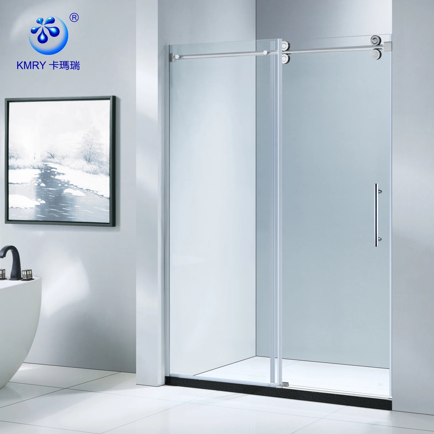 KMRY Single Sliding Bathroom Entry Doors Frameless Tempered Glass with Clear Frame Rectangle Shape for Hotels