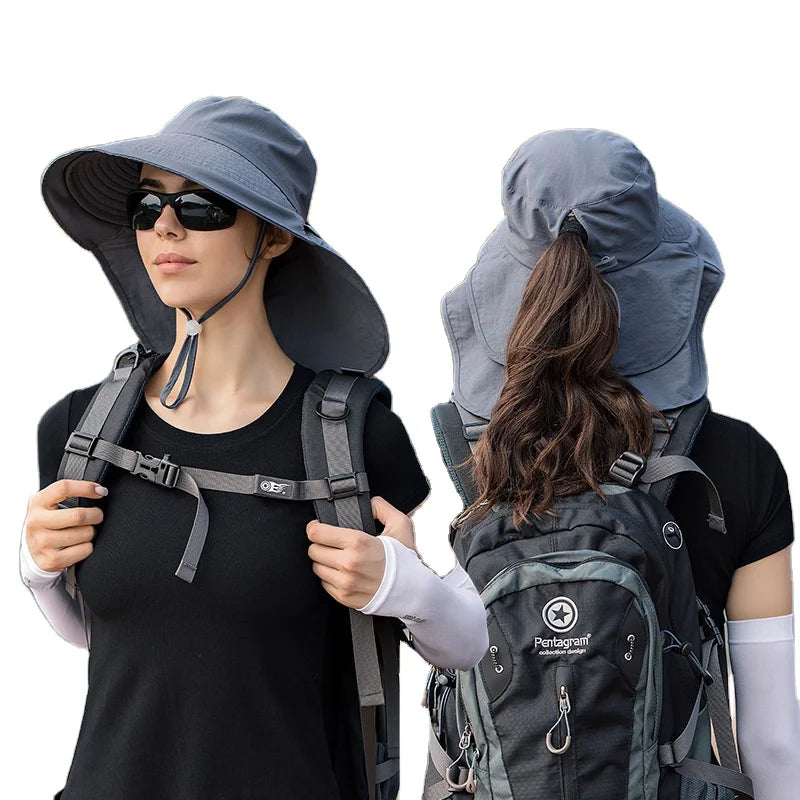 Women Summer Uv Protection Hat Ponytail Hole Sun Visor Outdoor Hiking Big Brim Adjustable Bucket Cap With Neck Flap