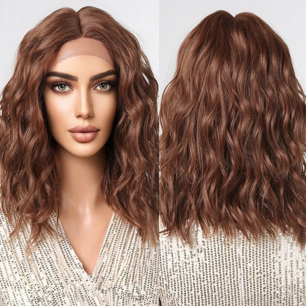 Wholesale Medium Brown Curly Synthetic Lace Frontal Wigs Short Wave Natural Lace Front Hair Wig Heat Resistant