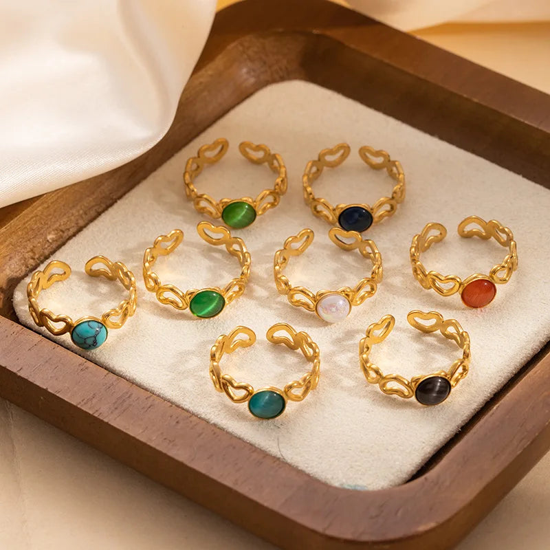 Stainless Steel Cat's Eye Stone Multicolor Hollow Heart Ring PVD 18K Gold Plated Natural Stone Adjustable Open Ring for Women