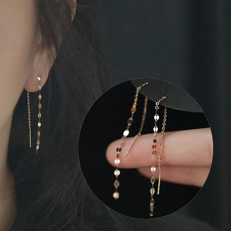 S925 Sterling Silver Plated 14K Gold Plated Earring Lip Kiss Sequin Chain Long Earrings Wire for Women