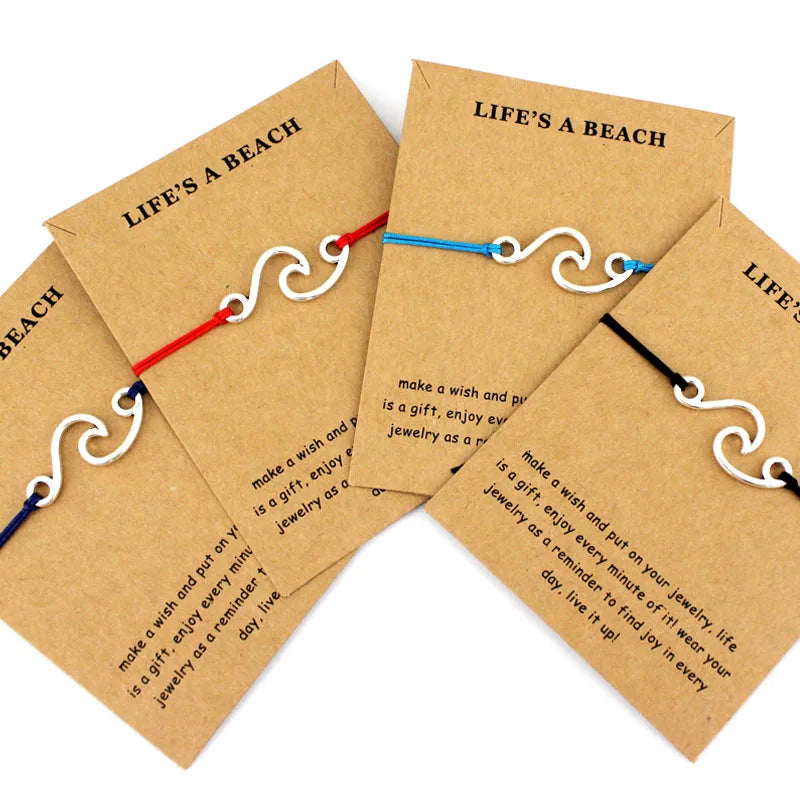 Promotional Gift Summer Beach Custom Make a Wish Jewelry Antique Silver Sea Wave Ocean Wave Charm Men Bracelet for Women