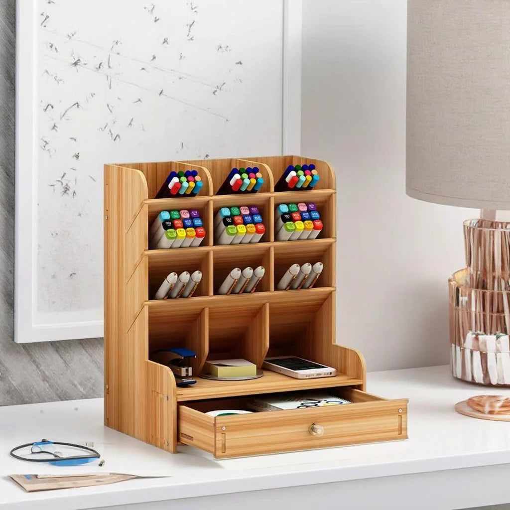 Solid Wood Storage Decorative Organizer Box with Drawer Factory Wholesale Bamboo Wooden Desk Pen Pencil Holder Model Pattern